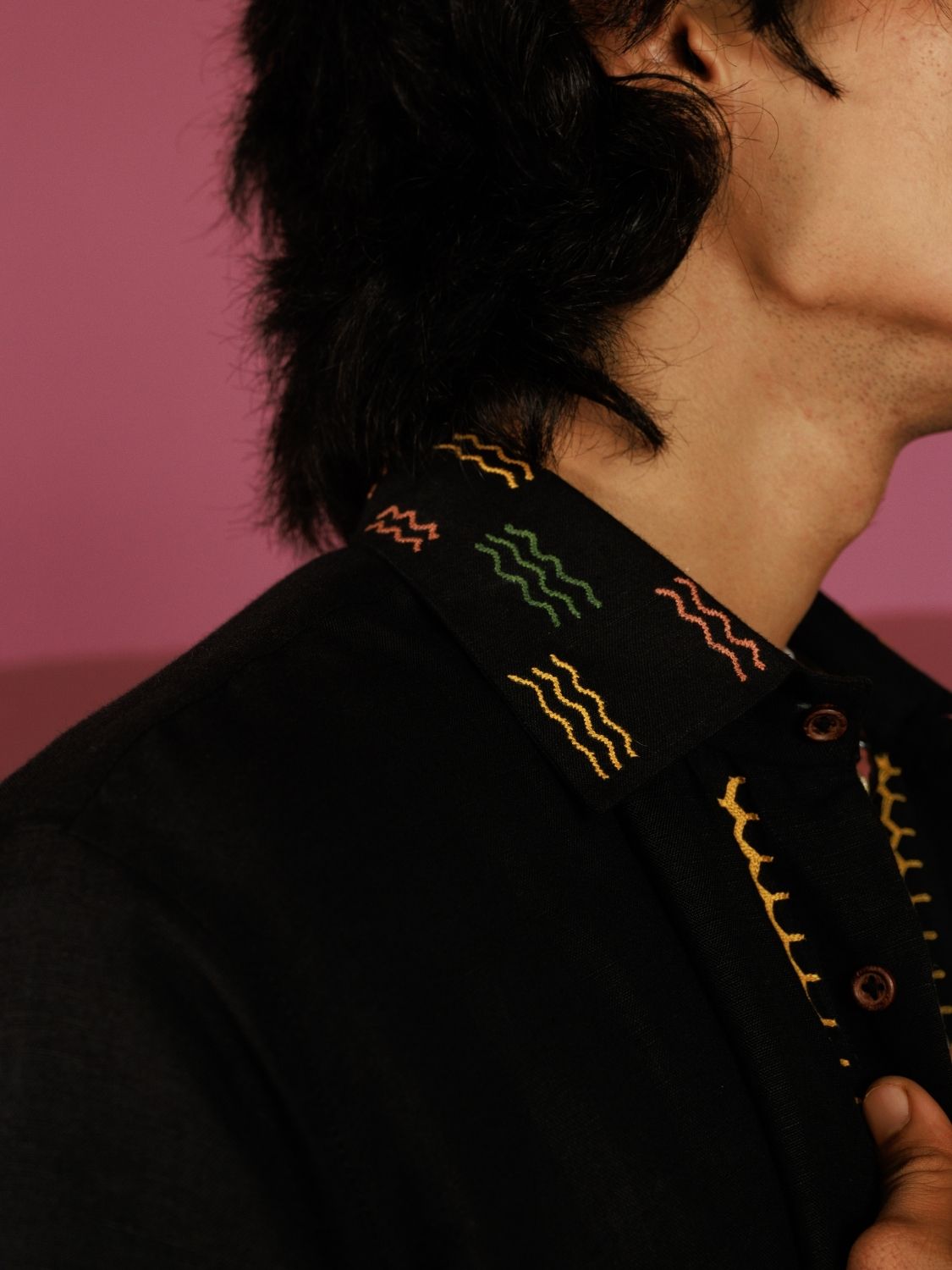 Off the hook Oversized Shirt | Black Linen Hand-Embroidered Fish Top (40+ Artisan Hours) Winglore Studio
