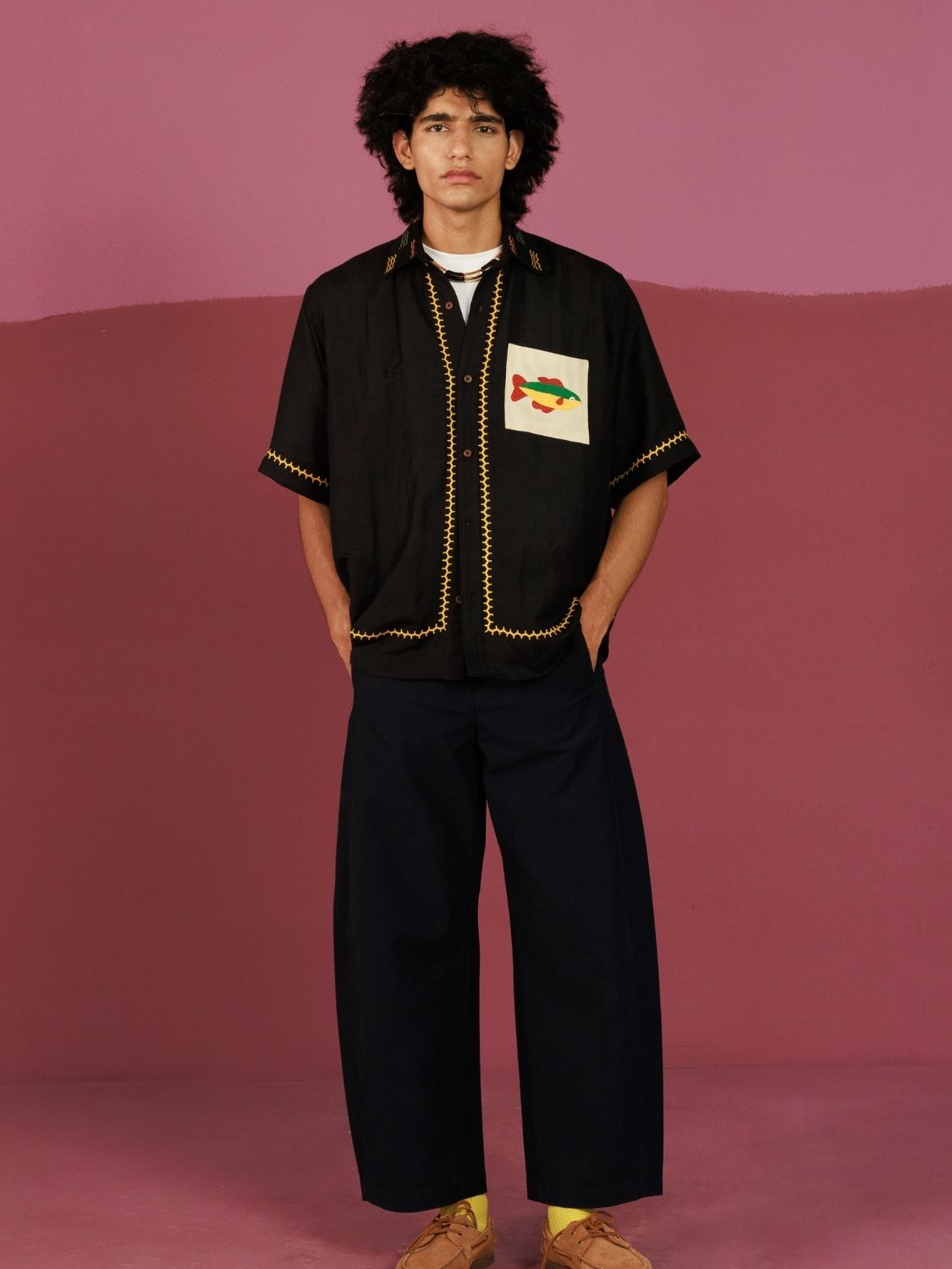 Off the hook Oversized Shirt | Black Linen Hand-Embroidered Fish Top (40+ Artisan Hours) Winglore Studio