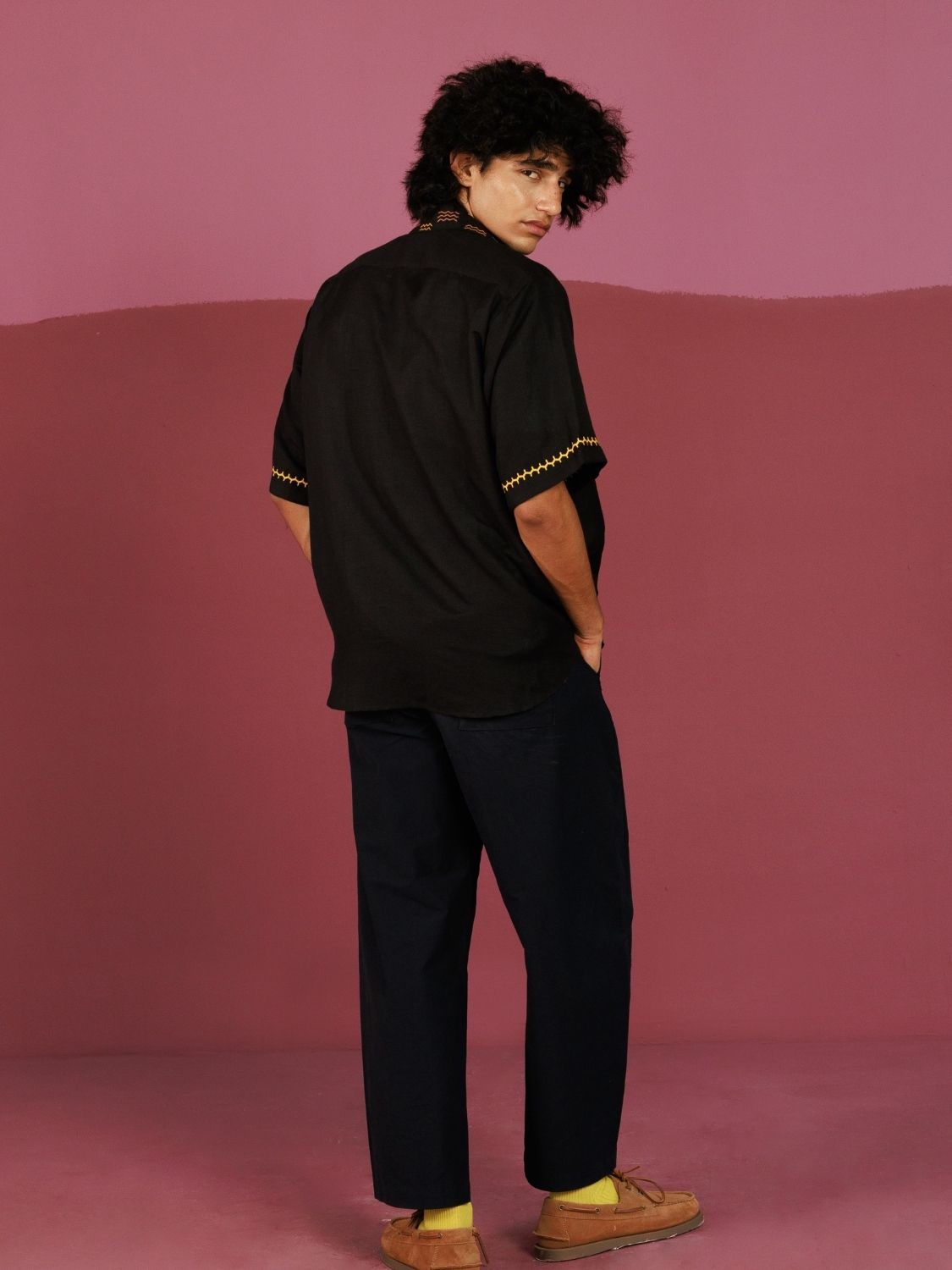 Off the hook Oversized Shirt | Black Linen Hand-Embroidered Fish Top (40+ Artisan Hours) Winglore Studio